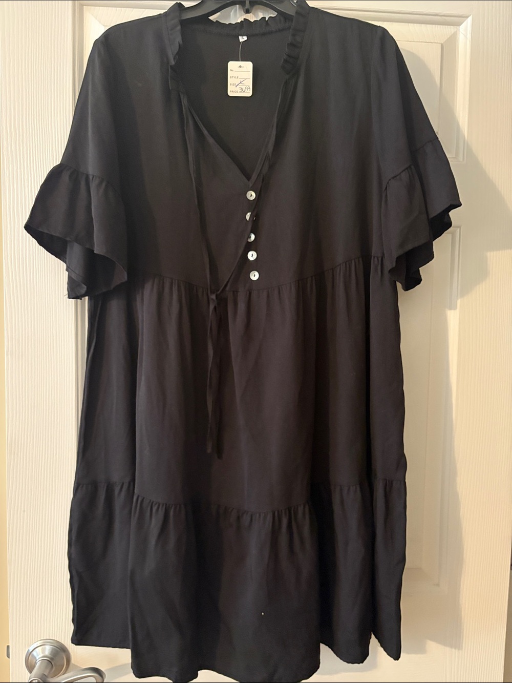 Black Ruffle Sleeve Button-Front Tunic Dress